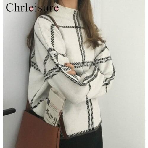 CHRLEISURE Sweater Women High Collar Plaid Pullover Full Sleeve Sweater Rabbit Velvet Sweater Women