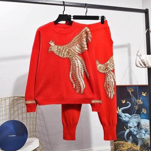 Red Manual Beaded Sequins Phoenix Womens Knitted Sets O Neck Pullover Knitwear Pencil pants Female Casual Knit Tracksuit Outfits