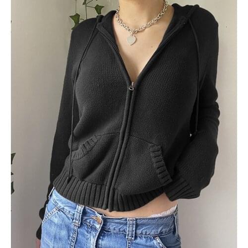 Vintage Solid Hooded Sweaters Women Autumn Winter Lantern Sleeve Zip Up Jacket Knitted Hoodies 2021 Womens Cardigan Crop Top