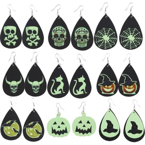 2021 Wholesale New Halloween Leather Earrings Pumpkin Witch Earrings Luminous Leather Earrings Skull Spider Leather Earrings