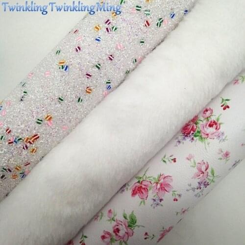 WHITE Glitter Fabric, Faux Fur, Flowers Printed Faux Fabric Sheets For Bow A4 21x29CM Twinkling Ming XM003J