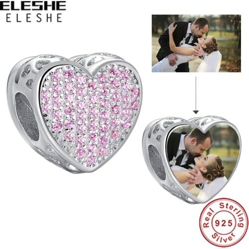 Personalized Custom Photo Love Heart Charm Pink Crystal 925 Sterling Silver Bead Fit Original Charm Bracelet DIY Jewelry