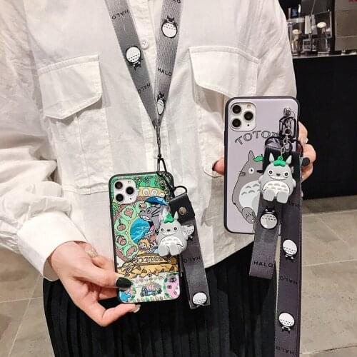 For iPhone 11 Pro Xs Max XR 6 7 8Plus Case Cute Totoro Soft TPU Case Stand Holder Phone Strap Rope Case