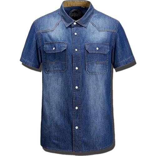 Summer Fashion Mens Denim Shirts Water Washing Cotton Brand Short Sleeve Blue Pocket Brand Clothing Mans Slim Fit Jeans Clothes
