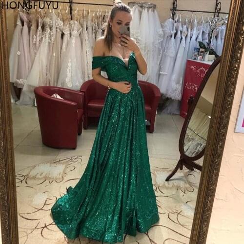 HONGFUYU Bling Bling Sequin Evening Prom Dresses vestidos de fiesta de noche Dresses Women Party Off Shoulder A Line Party Gowns