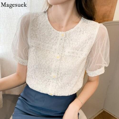 Summer Lace Flower Blouse Women 2021 New Sweet Mesh Short Sleeve French Women Tops Gentle Hollow Crochet Lace Loose Shirt 15216