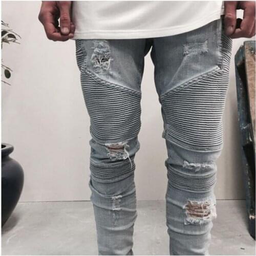 Men trend fashion high-grade Street broken three-dimensional cut slim elastic moto biker hole jeans denim pants dropshipping