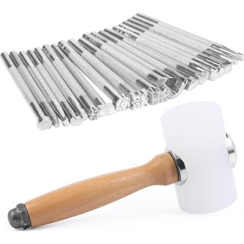 LMDZ Leather Carving Tool Set With Wooden Handle Nylon Hammer And 20Pcs Different Shape Leather Stamping Tools For Leather Craft
