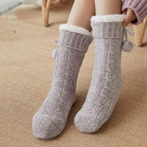 1 Pair New Winter Thick Warm Knitted Acrylic Crew Antiskid Floor Socks Women Fashion Casual Indoor Fleece Thermal Non-slip Socks