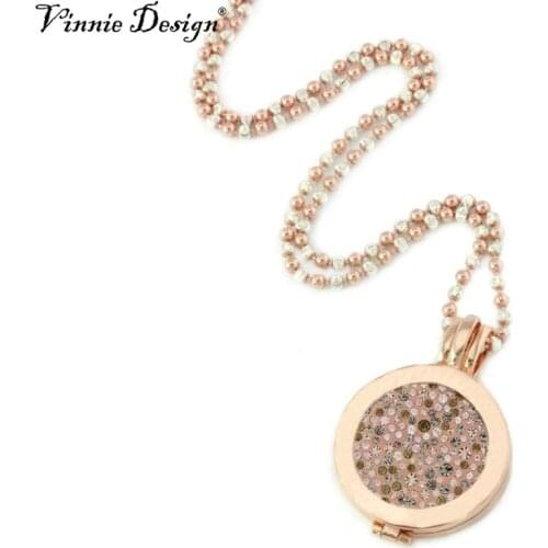 Vinnie Design Rose Gold Pendant Necklace 33mm Peach Picante Coin+ 35mm Plain Coin Holder+80cm Two Color Alegre Chain