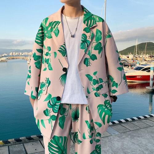 Spring Summer Flower Blazer Mens Fashion Print Casual Short-sleeved Suit Jacket Men Streetwear Korean Loose Dress Jacket Mens