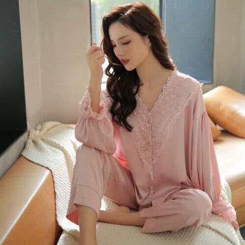 Casual Pyjama Pour Femme Lounge Wear Satin Women PJS Lace Two Piece Set Satin Pajamas Faux Silk Top&Pants Intimate Lingerie