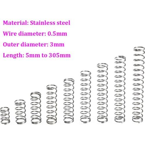 Wire Dia 0.5mm Stainless Steel Compression Spring OD 3mm Pressure Spring Length 5mm - 305mm