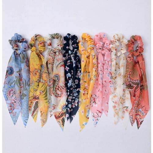 Korea Chiffon Floral Hair Tie Hair Scrunchie Ponytail Scarf Knotted Bow Long Ribbons Elastic Hair Band Headwear Hair Accessories