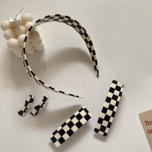Acetate Black White Grid Hair Clips Headband Ear Studs Earrings Set Irregular Geometric Vintage Barrettes Hairpin for Women Girl