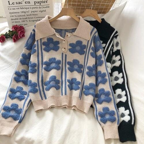 Korean Elegant Turn-Down Collar Flower Sweaters Vintage Sweet Puff Sleeve Pullovers Sweaters Winter Basics Sueter Mujer