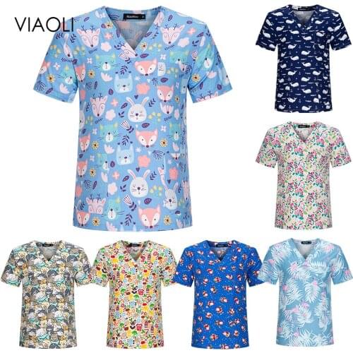 Short Sleeve Women Clinical Working Uniform Cute Cartoon Animal Print Doctor Tops V-Neck Top Hospital Nurse Uniform Blouse Shirt