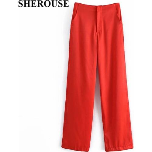 SHEROUSE Women Fashion Front Zipper Solid Pants Vintage Elastic Waist Hight-waist Casual Female Trousers Chic Pant