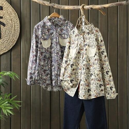 National Style Women Printing Shirts Long Sleeve Laple Blouses Fashion Lace Crochet Pocket Tops Blusas 2021 Spring Clothes Mujer