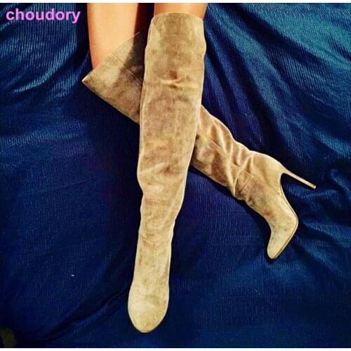 Chic Concise Suede Long Boots Women Fall Winter Thin High Heels Footwear Over The Knee Boots Celebrity Stage Pumps Shoes Droship