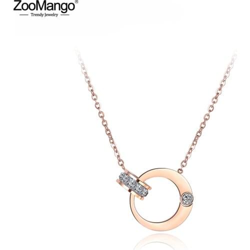 ZooMango Double Circle Cubic Zirconia Chain & Link Necklaces Jewelry Titanium Steel Rose Gold Chokers Necklace For Women ZN18054
