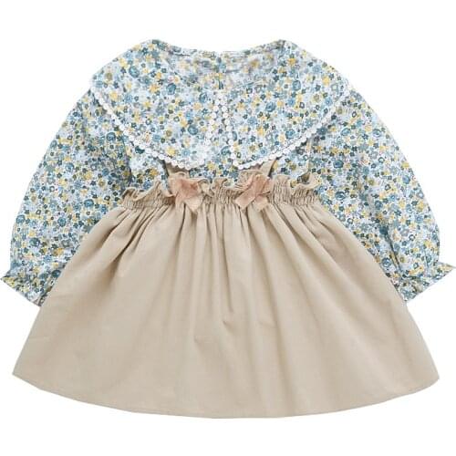 Pretty Princess Full Sleeve Peter Pan Flower Tops Blouses Solid Bow Strap Dresses Toddler Children Clothes Sets 2pcs 6M-6Y