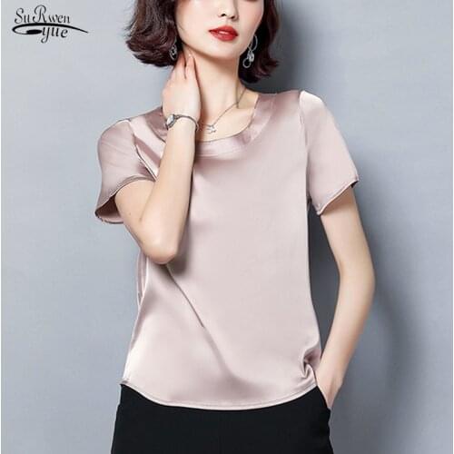 2021 Summer Silk Blouse for Women Short Sleeve Plus Size 4XL Solid Women Shirts Casual Loose O Neck Crop Top Women 9160 50