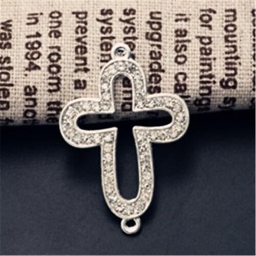 5pcs Silver Plated Hollow Rhinestone Cross Charm Alloy Connector Necklace Bracelet DIY Retro Jewelry Findings 35*28m A1006