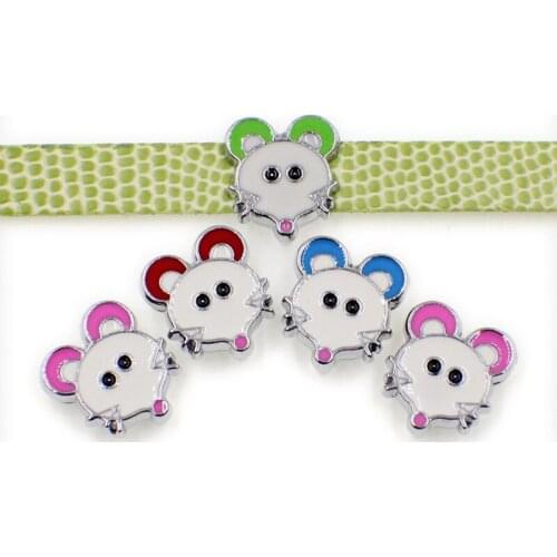 50PCS 8mm Enamel Cute Red Ear Mouse Slide Charms Slide Beads DIY 8mm Bracelets Wristbands,Belt Straps Pet Name Collar