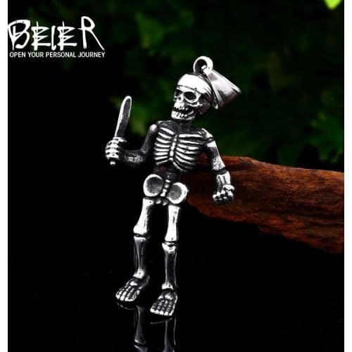 Beier Unique 316L Stainless Steel New Arrival Super Punk Skull Biker and Knife Pendant Necklace Fashion charm Jewelry BP8-417