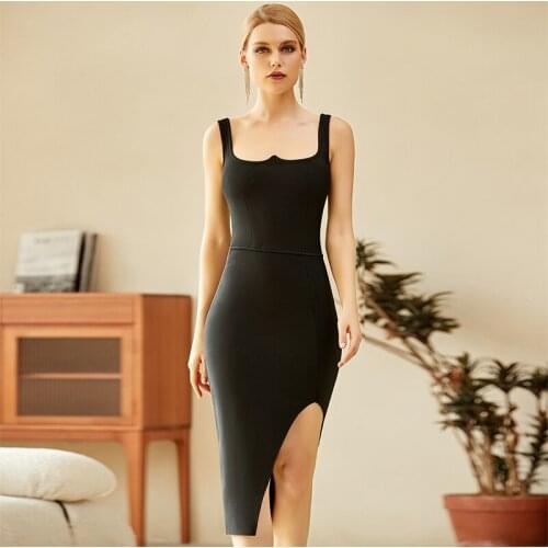 Free Shipping Wholesale 2021 Womens Black Spaghetti Strap Tight Sexy Mermaid Celebrity Cocktail Party Bandage Dress