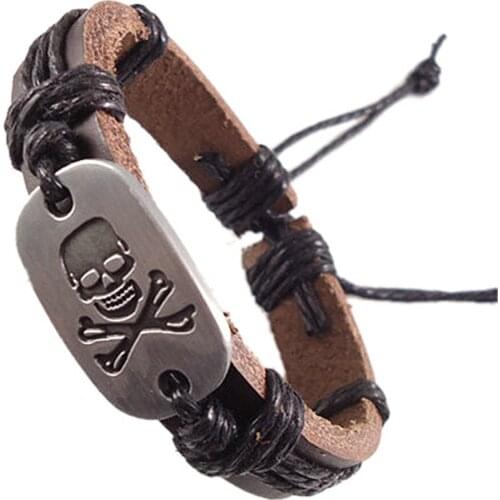 Casual Retail Punk Fashion Handmade Wrap Hemp Rope Skull Skeleton Charm Genuine Leather Women Men Bracelet Wholesale Jewelry