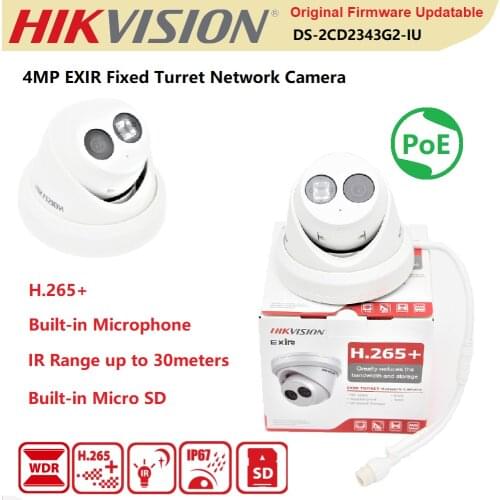 Hikvision IP Camera 4MP DS-2CD2343G2-IU POE IR Built-in Microphone IP67 EXIR Turret Network Surveillance AcuSense CCTV