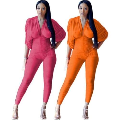 RStylish 2021 Summer Sexy Womens Clothing Deep V Neck Solid Color Pleated Ruched Bodycon One Piece Jumpsuits