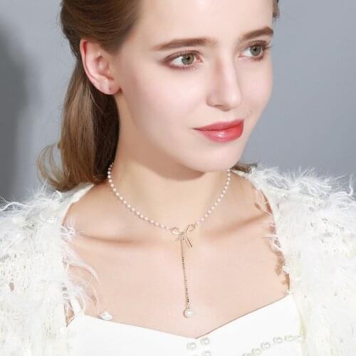 Fashion Bowknot Pearl Necklace Female Simple Design Temperament Sweet Clavicle Chain Neckband All-match Jewelry