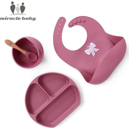 4pcs/set BPA Free Baby Silicone Tableware Waterproof Bib Solid Color Dinner Plate Sucker Bowl And Spoon For Children