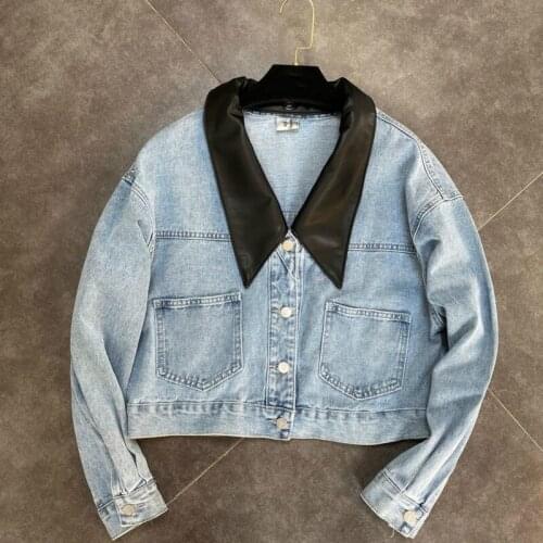 2020 Autumn New Arrivals Black Pu Turn Down Collar Blue Denim Lacket Women Streetwear Fashion Tide C062