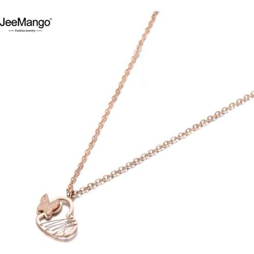 JeeMango Rose Gold Stainless Steel Butterfly Heart Charm Choker Necklace Jewelry Lovely Pendant Chain Necklace For Women JN19113