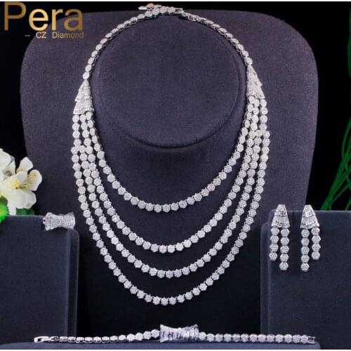 Pera 4Pcs Bridal Wedding Party CZ Crystal Gorgeous Multilayers Choker Necklace Earring Bracelet Ring Jewelry Sets for Women J408