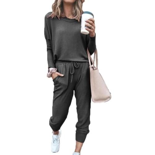 Pajama Sets Women Leisure elegance Solid Color Long Sleeve O Neck Blouse Top Drawstring Pants Sport Tracksuit Womens Sleep