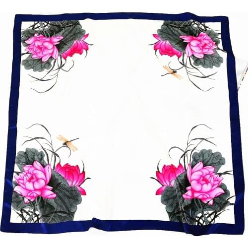 Fashion Silk Satin Women Hair Scarf Floral Four lotus Handkerchief Shawls and Wraps Hijab Scarfs Female 90cm Neck Scarves sjaal