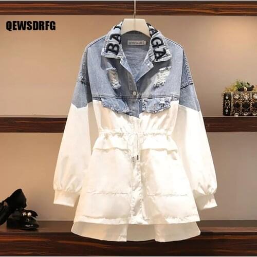 QEWSDRFG 2021 Autumn Fashion Patchwork Denim Womens Windbreaker Lapel Lantern Sleeve Hit Color Drawstring Plus Size Coat Female