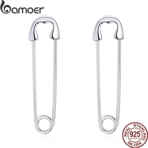 Bamoer Authentic 925 Sterling Silver Happy paper clip Stud Earrrings for Women Retro Jewelry earring Bijoux SCE695-A
