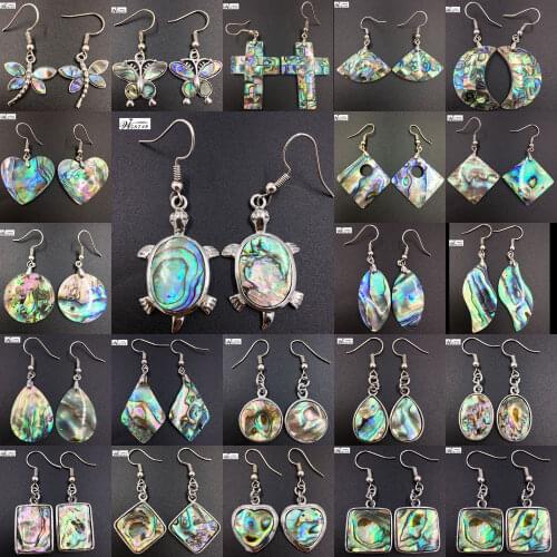 New Zealand Abalone Shell Bead Oval Turtle Butterfly Dragonfly Heart Square Horse Eye Water Drop Dangle Earrings Pair WB691