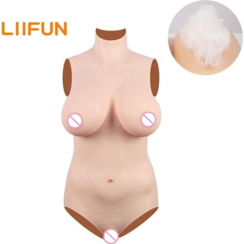 Liifun High Collar Silicone Breast Forms Bodysuit Cotton Filler Fake Boobs with Realistic Vagina Style for Crossdress Shemale