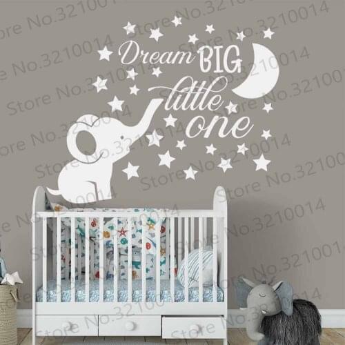 Elephant Nursery Wall Decal Baby Boy Room Decor Dream Big Little One Quote Wall Vinyl Stickers Moon and Stars Decals Kids PW919