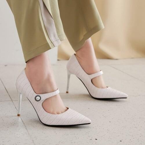 White buckle high heel shoes womens new spring large size 41-43 versatile slim heel shoes black