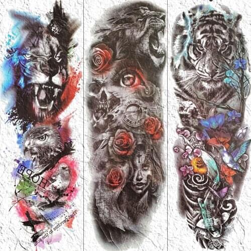 YURAN Sexy Women Men Full Arm Leg Tattoos Temporary Lion Tiger Henna Tattoo Stickers Watercolor Rose Eye Fake Tatoo Paper Paste