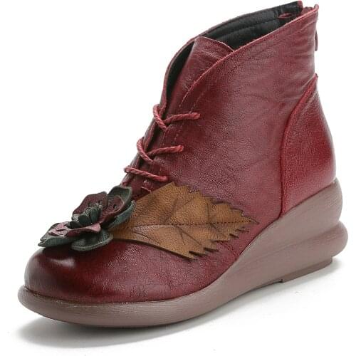 2020 New Genuine Leather Womens Ankle Boots Winter Shoes with Retro Flower for Woman Vintage Outdoor Platform Wedge Shoes