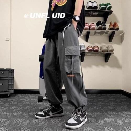 HOUZHOU Punk Streetwear Black Cargo Pants Women Pockets Hippie Oversize Gray Casual Wide Leg Trousers Elastic Waist Techwear